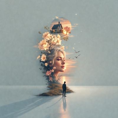 The primary subject of the image is a woman with blonde hair, who is the focal point of the scene. She is surrounded by a beautiful garden setting, with a tree and flowers in the background. The visual style of the image is a combination of photo and digital art, creating a surreal and dreamy atmosphere. The colors in the image are predominantly pastel shades, which contribute to the overall mood of the scene.